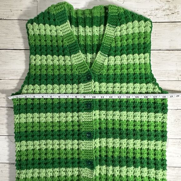 Homemade Sweater Vest Hand Knit M/L Green Chunky Knit Buttons V-Neckline Stripe - Picture 6 of 10